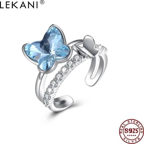 LEKANI 925 Sterling Silver Cute Butterfly Austria Crystal Open Adjustable Finger Rings For Women Engagement Ring Fine Jewelry