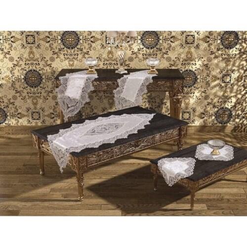 French Laced Guipure Velvet Base Living Room Saloon 5Pieces Cream Set Tablecloth Table Console Cover Decoration Set -ŞEHRAZAT