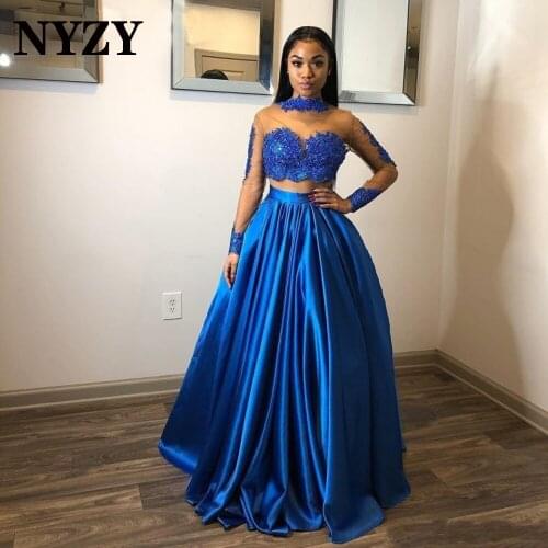 NYZY P120 Elegant Satin Beaded Sheer Long Sleeves 2 Piece Prom Dresses 2021 Royal Blue Party Dresses robe de soiree graduation