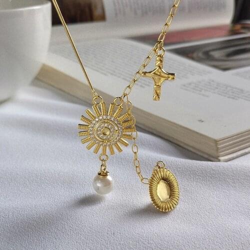 925 Sterling Silver Cross Sun Goddess Wreath Necklace For Women Jewelry Gift White Shell Pearl Tassel Charm Necklaces Gold Color