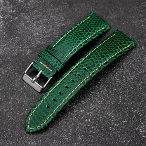 Handmade Green lizard Pattern Head Layer Leather Watchband 18 19 20MM Soft Leather Strap Retro Style Men
