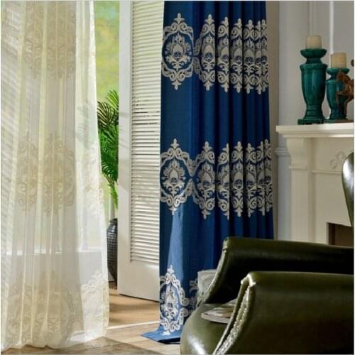 American Blue Luxury Curtains for Living Room Dining Room Bedroom Pure Cotton Linen Simple Embroidered Curtains Tulle Custom