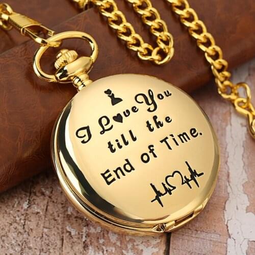 Luxury Black/Silver/Gold I LOVE YOU till the End of Time ECG Carved Word Quartz Pocket Watch Chain Jewelry Clock Valentines Day