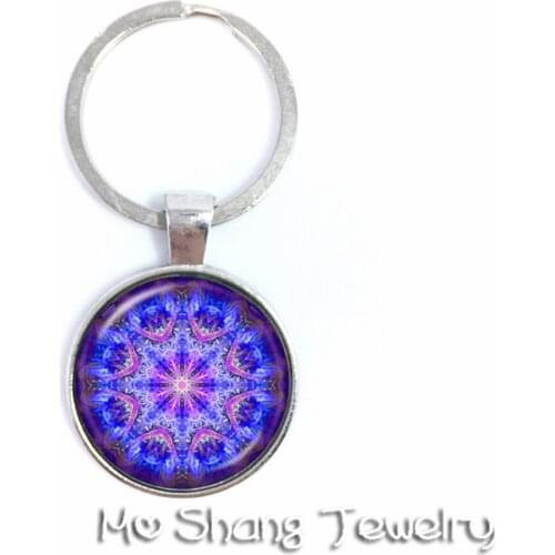 Sri Yantra Sacred Geometry / OM Metatrons Cube / Gold Flower of Life / Colorful Life Key Chain - Art Glass Theme Jewelry