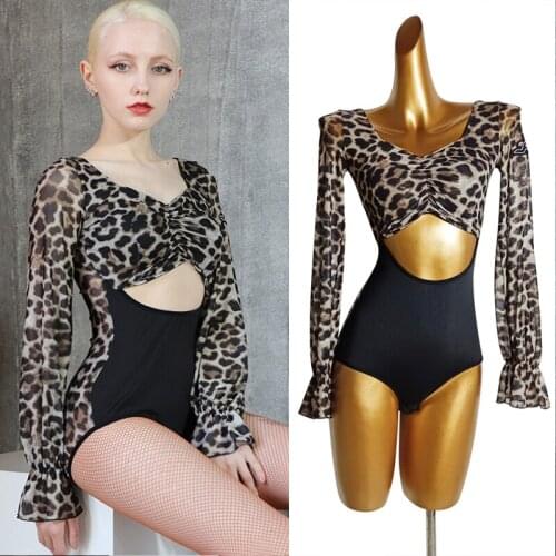 Latin Dance Clothes For Women Leopard Tops Sexy Hollow Long Sleeve Salsa Training Shirt Ballroom Dancewear Mesh Bodysuit VDB3336