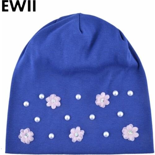 Rhinestone knitted hat women thin hats skullies beanies for ladies flowers beanie caps girl autumn pearl cap bonnet gorros