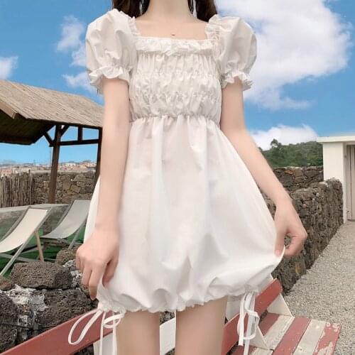 Japanese Sweet Girl Lolita Dress Princess Maid Vintage Puff Sleeve Black White Mini Dress Cute Square Collar Lace-Up Lady Dress