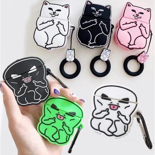 Funny 3D Cartoon Middle Finger Cat Strange Alien Person Headset Case for Apple Airpods 1 2 Wireless Earphone Headphone Cover