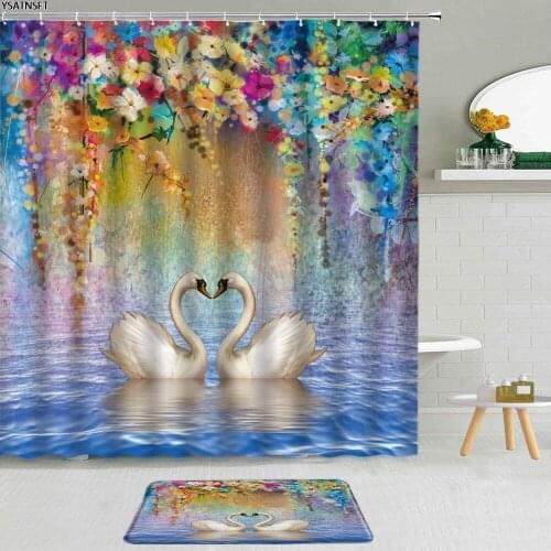 2Pcs Fantasy Watercolor Flowers Swan Shower Curtain Green Vine Zen Stone Fabric Non-Slip Bath Mat Hanging Curtains Bathroom Set