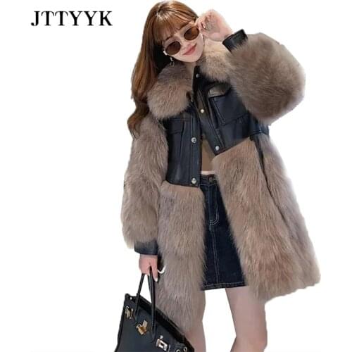Women Parka 2021 Autumn Winter Fashion Faux Fox Fur Coats With PU Sheepskin Leather Wholeskin Artificial Fox Fur Jacket Outwear