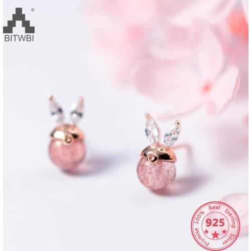 Delicate Japan Korea Style 925 Sterling Silver Fashion Cute Sweet Pink Strawberry Quartz Stud Earring Women Jewelry Wholesale
