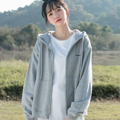 Gray Zip Up Women Korean Style Hoodies Vintage Solid Long Sleeve Oversize Hooded Sweatshirt Ladies Casual Loose Cardigan Outwear