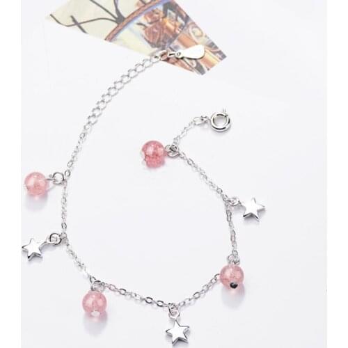 Natural Strawberry Crystal Star Pink Stroke Wind Fresh 925 Sterling Silver Temperament Female Trendy Resizable Bracelets SBR080