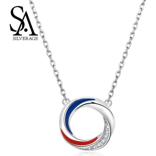 SA SILVERAGE Double Color Blue Red Europa S925 Necklace Womens Pure Silver Red Zircon Clavicle Chain Silver Necklace Women