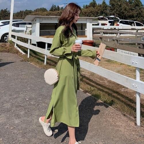 Shirt Dress Summer Urbano Spring Autumn Long Sleeve Green Loose Casual Belt Midi Robe Femme Vestido De Mujer Windbreaker Clothes