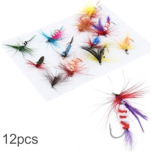 12pcs /set Colorful Insect Fly Files Fishing Lure Artificial Fishing Bait Feather Single Hooks Carp Fish Lure