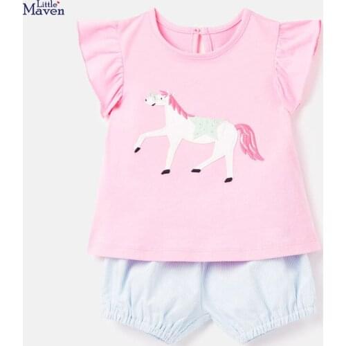 Girl 2021 Summer New Fashion Toddler Girl Clothes Casual Cotton Pink Horse Print Children Set 20607