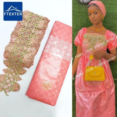 5+5 Yards Pink With Glod African Lace Fabric Basin Riche Original And Ribbons For DIY Shiny Gold Powder Cotton Material Sewing