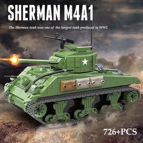 726PCS Military Sherman M4A1 Tank Model Building Blocks WW2 US Soldier Weapon Army Figures Bricks Toys For Children Gifts
