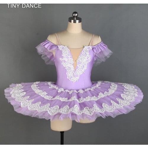 Off-the-shoulder Professional Ballerina Dance Costume Lilac Ballet Dance Pancake Tutu with White Lace Trim Edging BLL121
