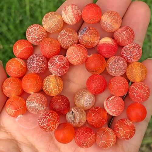 Natural Matte Orange Red Web Cracked Dream Fire Agates Stone Round Loose Spacer Beads For Jewelry Making Handmade DIY Bracelets