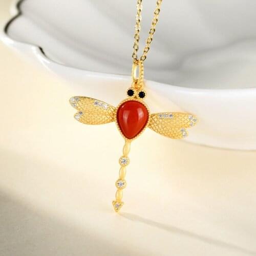 Original S925 Sterling Silver Fashion Vintage Inlaid Southern Red Agate Dragonfly Ladies Temperament Clavicle Chain Pendant Neck