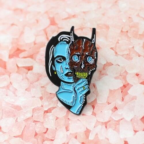 Exotic blue spotted tears girl custom jewelry brooch evil side devil mask corner teeth demon fashion shirt badge lapel pin gift