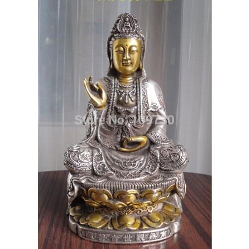 Good 001244 8" tall Tibetan Buddhist bronze cated silver Kwan Kuan Guan Yin Buddha statue
