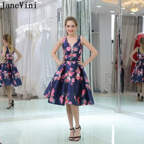JaneVini Floral Print Short Homecoming Dress 2019 Beaded Waist A Line Women Graduation Dresses Navy Satin Party Gown robe courte