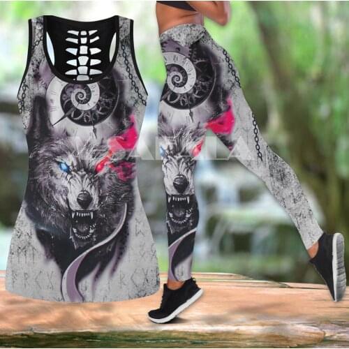 Gray Wolf Viking Tattoo Animal Art Two Piece Yoga Set Women 3D Print Hollow Out Tank Top High Waist Legging Summer Casual Sport