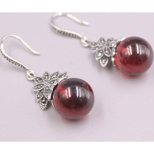 Real Silver 925 Earrings Drop For Women Female Girl Red Garnet Ball Korean Earrings Hook Zircon Retro Bohemian