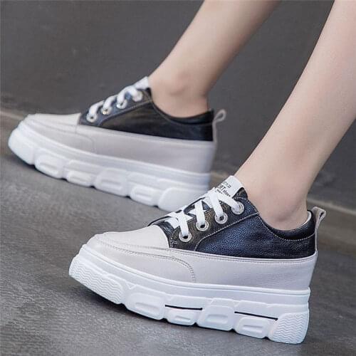 Fashion Sneakers Womens Genuine Leather Platform Wedge Ankle Boots High Heels Round Toe Lace Up Oxfords Casual Shoes