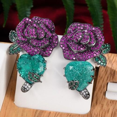 Missvikki Luxury Gorgeous Bloom Flowers Heart Pendant Earrings for Noble Women Bridal Wedding Earrings Jewelry Ladies Daily