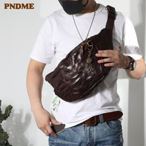 Fashion pleated mens daily natural luxury genuine leather large-capacity chest bag vintage cowhide multifunctional waist Pack