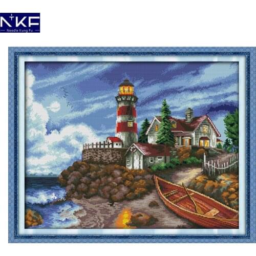 NKF The seaside lighthouse scenery style needlepoint Christmas stocking stamped cross stitch embroidery sets for home decoration