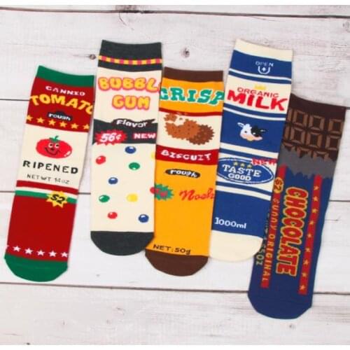 Original Design Novelty Cartoon female Funny Socks Print Milk Tomato Chocolate Biscuit Bead Food Striped Women Cotton Unisex Sox