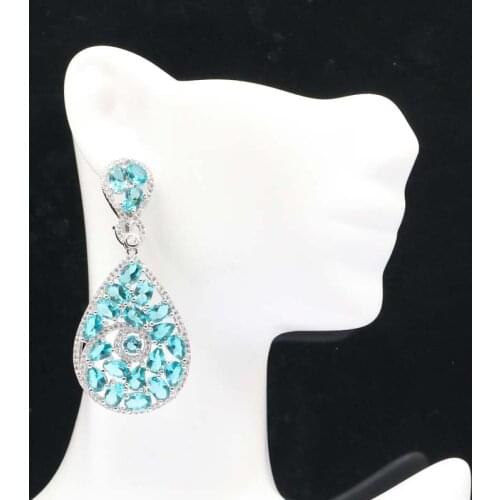 46x22mm SheCrown Long Big Created Pink Tourmaline CZ Gift For Womans Silver Earrings