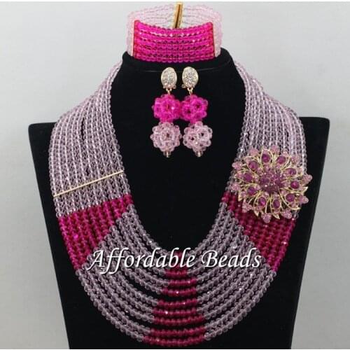 Pink Fuschia African Beads Set Latest Lace Jewelry Set Handmade Item Wholesale Free Shipping ABE163