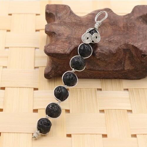 YJXP Silver Plated Wire Wrap Black Lava Stone Round Beads Straight Line Pendant Ethnic Jewelry