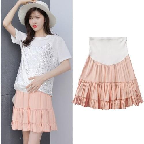 New Maternity Chiffon Skirts Summer Trendy Moms Fashion Pleated Bottoms Pregnant Women Belly Lift Mid-length Skirt Orange Black
