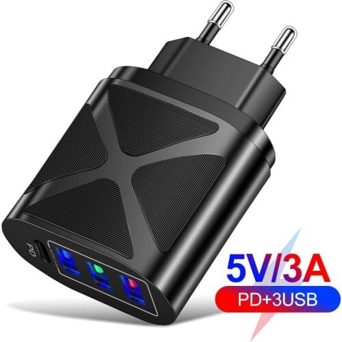 4Ports PD Quick Charger 20W 3A Fast Chargering USB-C Charger for iPhone 12 Huawei Xiaomi Samsung Universal Mobile Phone Chargers
