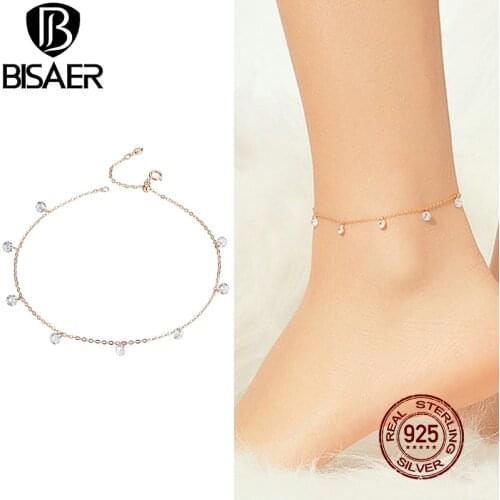 Zircon Anklet for Women BISAER 925 Sterling Silver Luminous Cubic Zirconia Dangle Chain Anklet Sterling Silver Jewelry ECT015