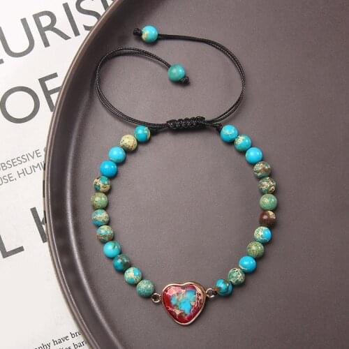 Blue Imperial Jaspe Bracelets Women Natural 6 mm Sea Sediment Stone Beads Bangle Love Heart Charm Bracelet Men Adjustable Jewelr