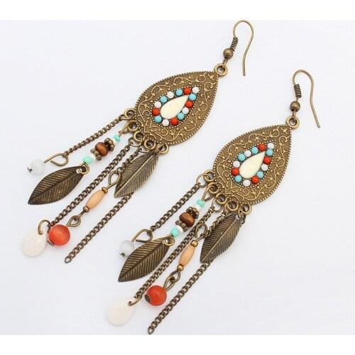 Retro fashion bohemian ethnic earrings leaves beads tassels drop pendant earrings for women cute Jewelry Accessories Brincos