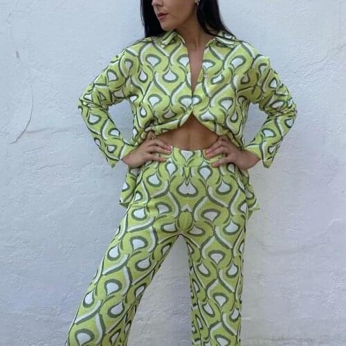 Spring and Autumn Womens Casual Printed Lapel Long Sleeve Shirt + High Waist Pants Set