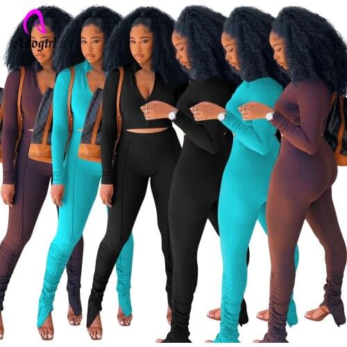 Fitness Women 2 Piece Set Zipper Fly Long Sleeve Crop Top + High Waist Leggings Matching Set 2021 Autumn Workout Sport Tracksuit