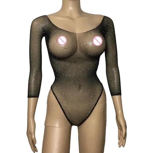 Women Sexy Lingerie Mesh Glitter Sheer Leotard Teddies Erotic Underwear Hot Drilling Fishnet Bodysuits Rhinestones Clubwear