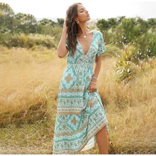 Women Boho Summer Print Dress 2020 Waist Design Beach Dress Bohemian Fashion Printed Long-Length Style V Neck Maxi Dress