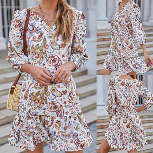 2021 Summer New Mini Dress Paisley Pattern V Neck Women Ethnic Style 3/4 Sleeve Ruffled Hem Dress for Dating Soft And Breathable
