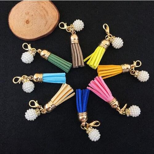 10pcs/lot many colors mixed Suede Tassel For Keychain Leather Tassels Gold Caps Straps DIY jewelry making Charms pendants